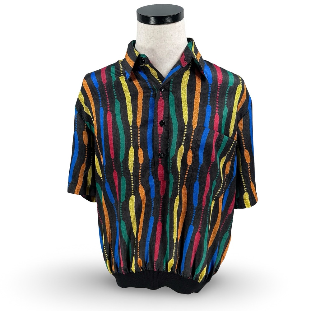 Vintage Alan Stuart Mens Large Multicolor Vertical Short Sleeve Polo Shirt Black